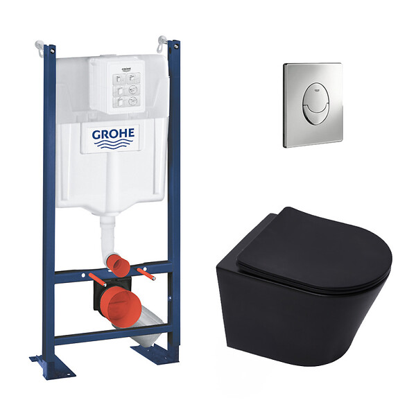 SWISS AQUA TECHNOLOGIES - Pack WC Bâti-autoportant Rapid SL + WC Infinitio sans bride noir mat + Abattant softclose + Plaque chrome - large
