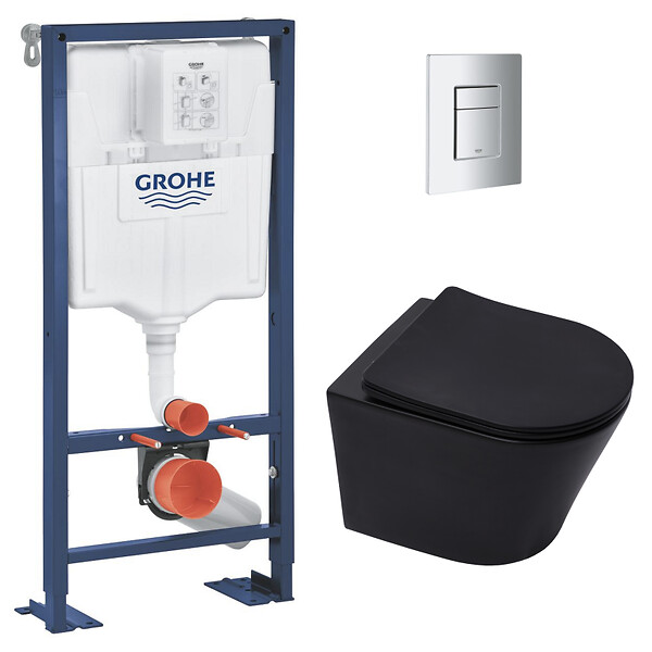GROHE - Pack WC Bâti Solido + WC sans bride SAT Noir mat + Abattant frein de chute + Plaque chrome (AUTOPORTANT-BLACKINFINITIO-1) - large