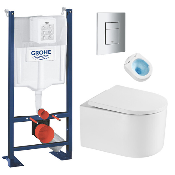 GROHE - Pack WC Bâti autoportant + WC sans bride SAT + Abattant SoftClose + Plaque Chrome (ProjectDelanoTQ-1) - large