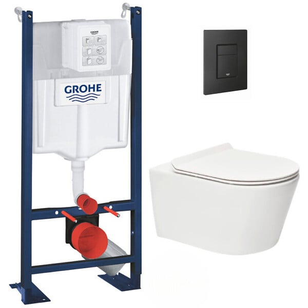 GROHE - Grohe Pack WC Rapid SL autoportant + WC sans bride SAT Brevis + Abattant ultra-fin softclose + Plaque noir mat - large