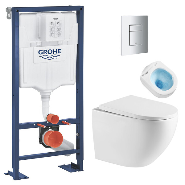 GROHE - SOLIDO Pack Bâti autoportant + WC sans bride SAT Vortex + Abattant SoftClose + Plaque chrome (AUTOPORTANT-FUSIONTQ-1) - large