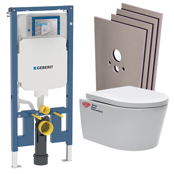 GEBERIT - Pack WC Bati Geberit extra-plat + WC Swiss Aqua Technologies sans bride + Abattant + Plaque + habillage (SLIM-SATrimless-C-sabo) - large