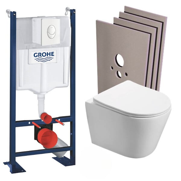 GROHE - Grohe Pack WC Bâti autoportant + WC sans bride SAT Infinitio + Abattant softclose + Plaque blanc alpin + Set habillage - large