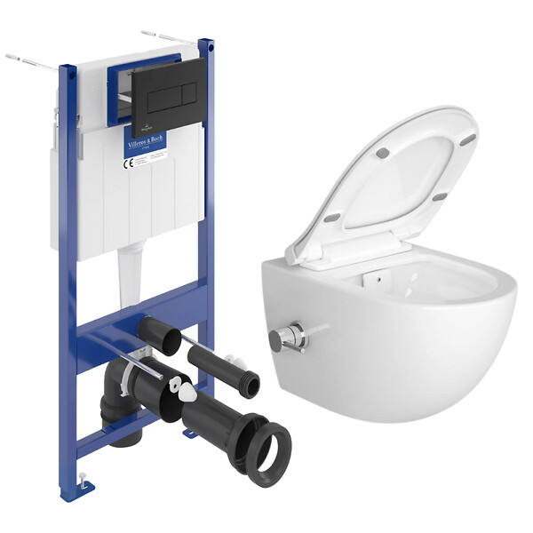 VILLEROY & BOCH - Pack WC Bâti sol mur Villeroy & Boch + WC SAT avec bidet thermostatique + Abattant SoftClose + Plaque noire (VCNSATCL4) - large