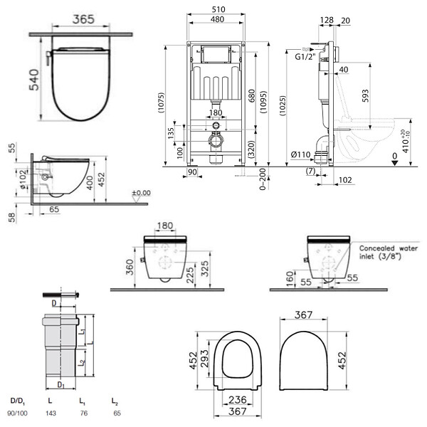 VILLEROY & BOCH - Pack WC Bâti sol mur Villeroy & Boch + WC SAT avec bidet thermostatique + Abattant SoftClose + Plaque noire (VCNSATCL4) - large