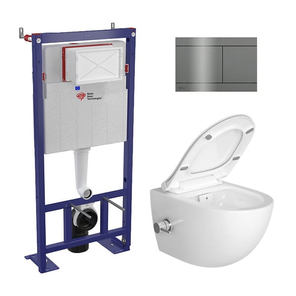 SWISS AQUA TECHNOLOGIES - Swiss Aqua Technologies Pack WC bâti-autoportant + WC sans bride Infinitio avec bidet thermostatique + plaque en acier inoxydable, en PVD, Gun Metal - large