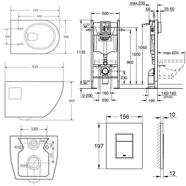 GROHE - Pack WC Bâti Autoportant Rapid SL + WC sans bride SAT + Abattant SoftClose + Plaque Chrome (Project2-1) - large