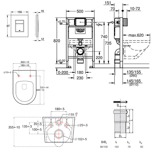 GROHE - Pack WC Bâti-support Rapid SL + WC sans bride SAT Brevis + Plaque Noir mat (RapidSL082-Brevis-KF0) - large