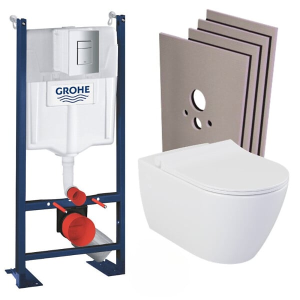 GROHE - Grohe Pack WC Bâti-autoportant Rapid SL + WC sans bride Bello + Abattant softclose + Plaque chrome + set habillage - large