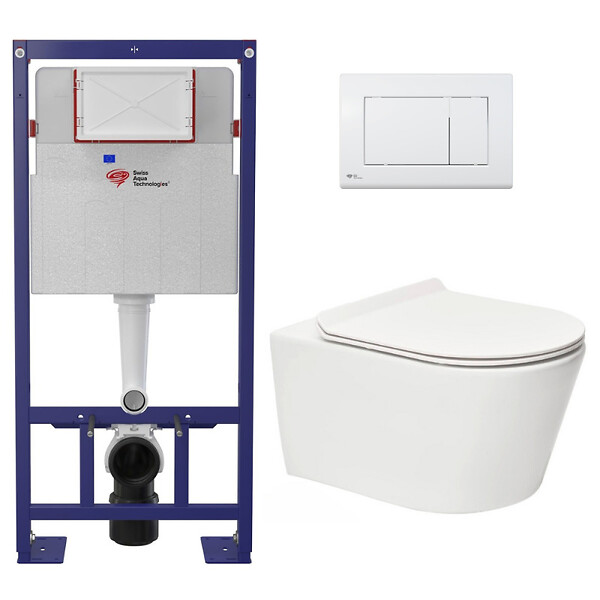 SWISS AQUA TECHNOLOGIES - Swiss Aqua Technologies Pack WC bâti-autoportant + WC SAT sans bride fixations invisibles + Abattant softclose + Plaque blanche (SMART-Brevis-9) - large