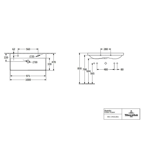 VILLEROY & BOCH - Villeroy & Boch Plan de toilette Avento, 1000 x 470 x 165 mm, Blanc, avec trop-plein (4156A401) - large