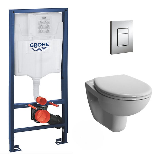 GROHE - Pack WC Bâti-support Rapid SL + Vitra Normus WC suspendu sans bride + Abattant frein de chute + Plaque Chrome - large