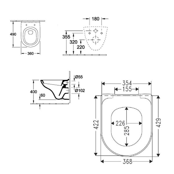 VILLEROY & BOCH - Cuvette suspendue à fond creux, 36x49x33 cm + Abattant avec frein de chute, blanc (O.NOVOCOMPACT) - large