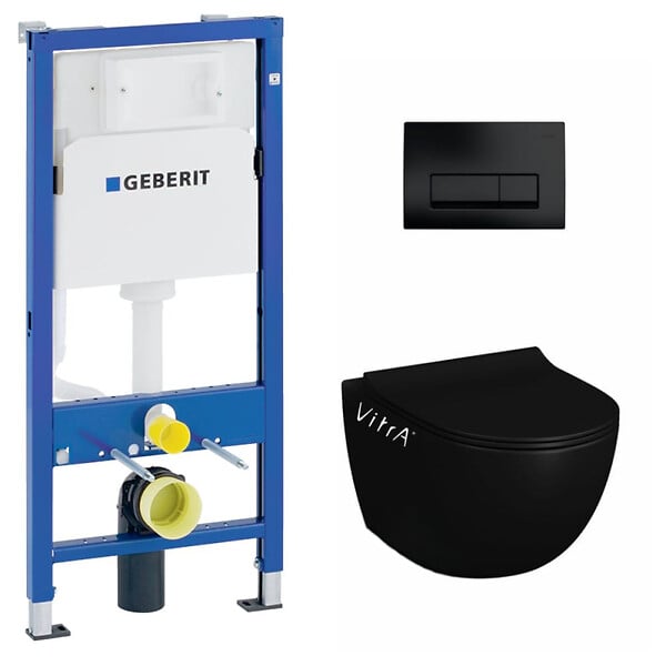GEBERIT - Pack WC Bati-support Geberit Duofix + WC sans bride Vitra SENTO noir mat + Abattant frein de chute + Plaque noire mat - large