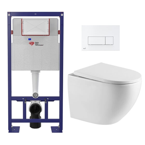 SWISS AQUA TECHNOLOGIES - Pack WC Bâti-support Autoportant + WC sans bride SAT + Abattant SoftClose + Plaque Blanche (SMART-FusionTQ-4) - large