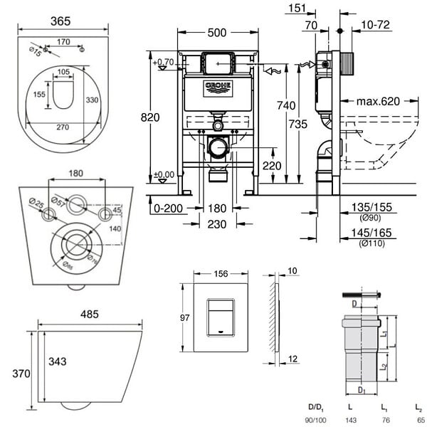 GROHE - Grohe Pack WC Bâti-support Rapid SL + WC Swiss Aqua Technologies Infinitio sans bride + Plaque Noir mat (RapidSL082-Infinitio-KF0) - large