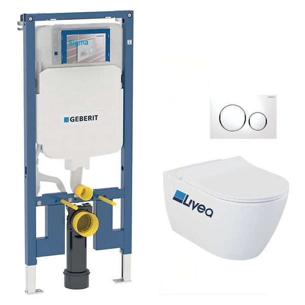 GEBERIT - Pack WC Bati-support Geberit Duofix UP720 extra-plat + WC sans bride Livea Bello + Abattant softclose + Plaque blanche - large
