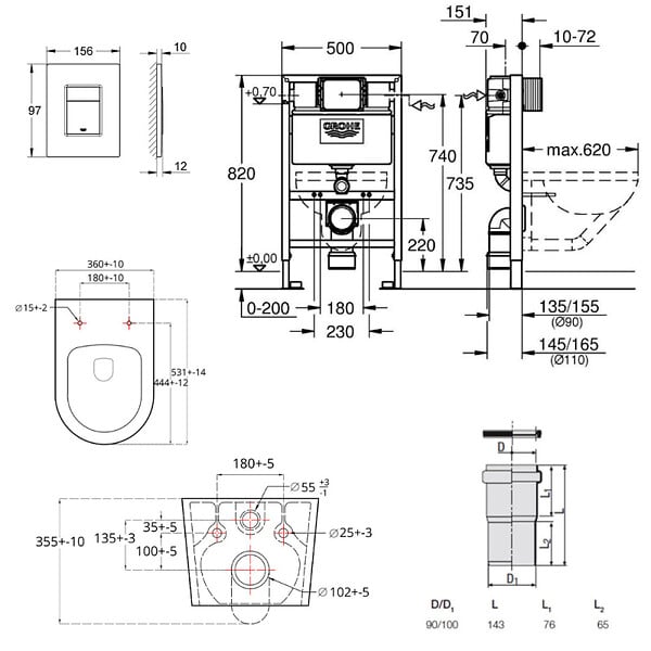 GROHE - Grohe Pack WC Bâti-support Rapid SL + WC sans bride SAT Brevis + Plaque Chrome (RapidSL082-Brevis-1) - large