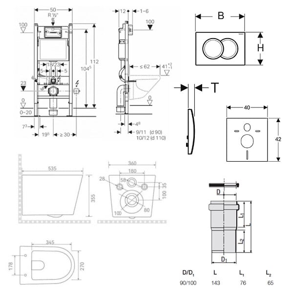 GEBERIT - Pack WC bâti-support Duofix 112cm + WC sans bride + abattant SoftClose + set d'isolation + plaque blanche (CETORGEB3SET) - large