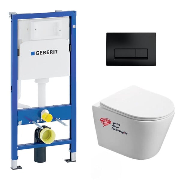 GEBERIT - Pack WC Bati-support Geberit + WC Swiss Aqua Technologies Infinitio sans bride + plaque Delta 50 noir mat - large
