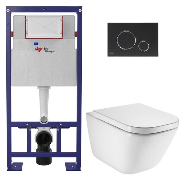 SWISS AQUA TECHNOLOGIES - Pack WC bâti-support autoportant + WC suspendu sans bride avec abattant SoftClose + plaque noir mat (STROGAWR07-U) - large