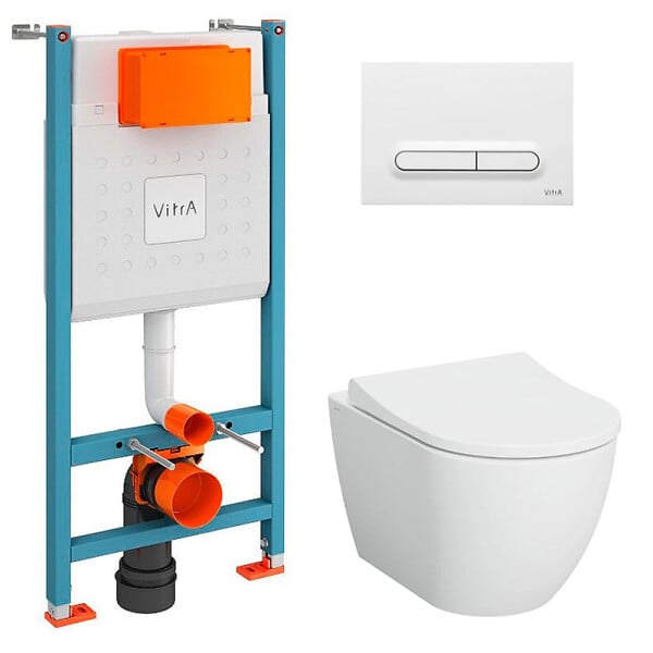 VITRA - V-Fix Core Pack WC bâti-support + WC sans bride Vitra S60 + Abattant SoftClose + Plaque blanc (V-FixS60-4) - large