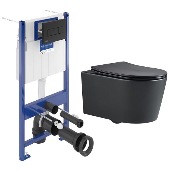 VILLEROY & BOCH - Pack WC Bâti-support sol mur Villeroy & Boch + WC SAT sans bride + Abattant SoftClose + Plaque noire (VCNBLSAT4) - large