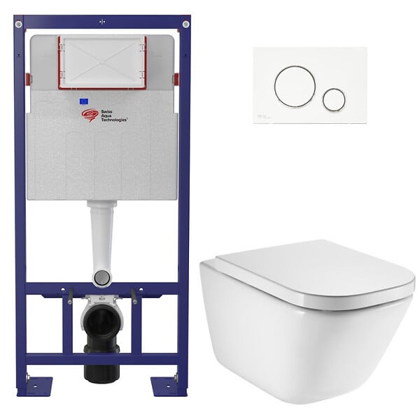 SWISS AQUA TECHNOLOGIES - Pack WC bâti-support autoportant + WC suspendu sans bride avec abattant SoftClose + plaque blanche (STROGAWR04-U) - large