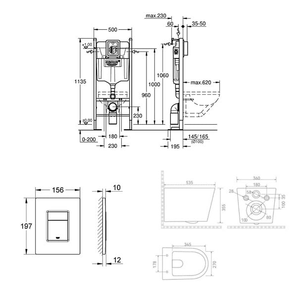 GROHE - Pack WC bâti-support autoportant Rapid SL 1.13 M + WC suspendu sans bride + abattant SoftClose + plaque chrome (PROCETOR1) - large