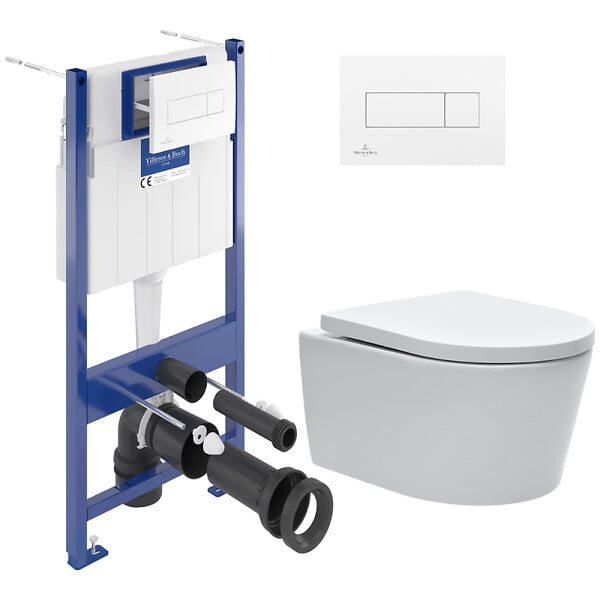 VILLEROY & BOCH - Pack WC Bâti-support + WC sans bride Swiss Aqua Technologies + Plaque blanche + Set d'isolation phonique - large