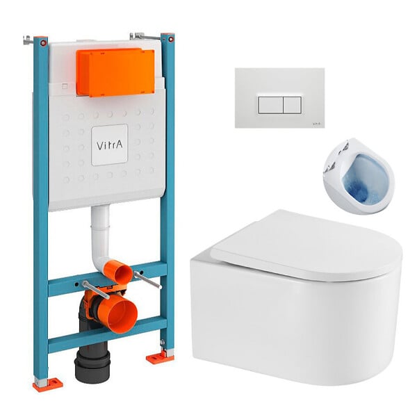 VITRA - Vitra  Pack WC Bâti-support V-Fix + WC sans bride SAT Delano + Abattant SoftClose + Plaque, Blanc Brillant (V-FixDelano-1) - large