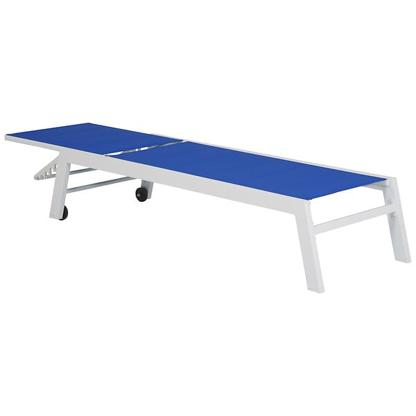HAPPY GARDEN - Set bain de soleil et table d'appoint BARBADOS en textilène bleu - aluminium blanc - large
