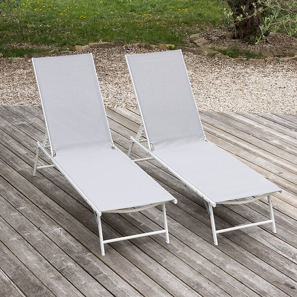HAPPY GARDEN - Lot de 2 bains de soleil pliants SICILIA en textilène gris - structure blanche - large