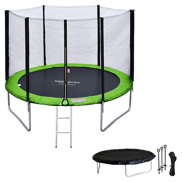 HAPPY GARDEN - Pack Premium Trampoline 305cm réversible bleu / vert ADELAÏDE + filet, échelle, bâche et kit d'ancrage - large