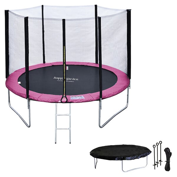 HAPPY GARDEN - Pack Premium Trampoline 305cm réversible gris / rose ADELAÏDE + filet, échelle, bâche et kit d'ancrage - large