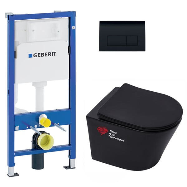 GEBERIT - Pack WC Bati-support Geberit + WC sans bride Swiss Aqua Technologies + Abattant frein de chute + plaque Delta 50 noire mat - large