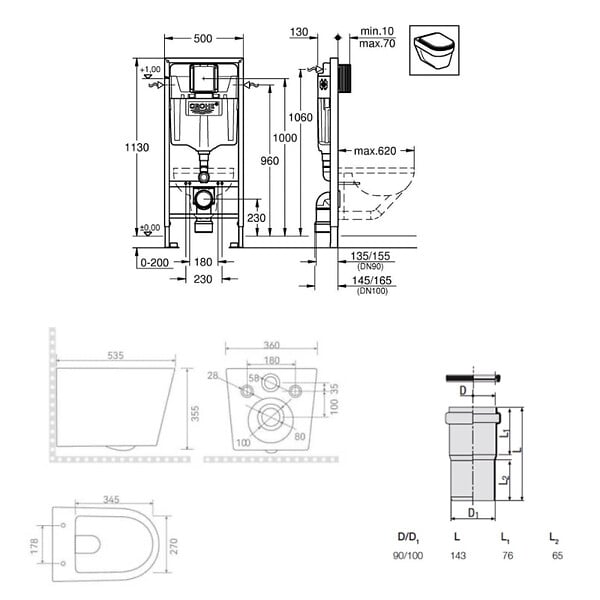 GROHE - Pack WC bâti-support Rapid SL + WC suspendu sans bride Ceramia + plaque noire mat (RSLCETORKF0) - large