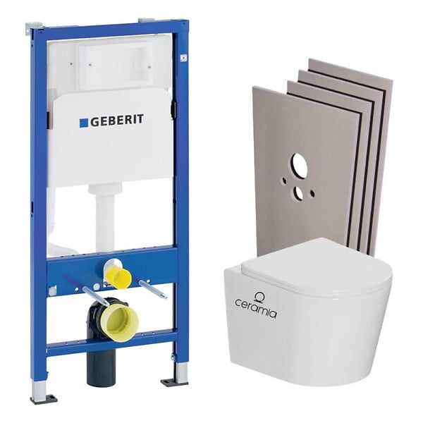 GEBERIT - Pack WC bâti-support Duofix  + WC suspendu sans bride + abattant SoftClose + plaque blanche + set d'habillage (CETORGEB1SB) - large