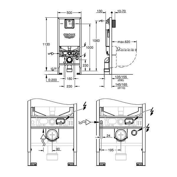 GROHE - Rapid SLX Bâti support WC, 1,13M, avec prise et raccordement pour WC lavant (39596000) - large