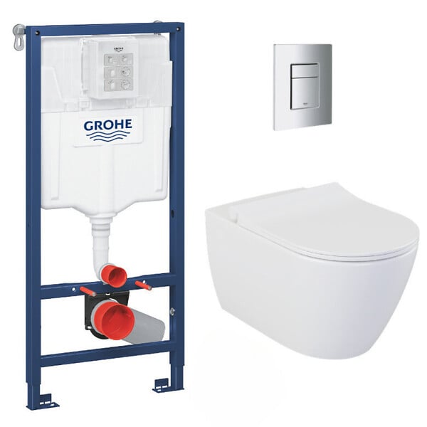 GROHE - Pack WC Bâti-support Rapid SL + WC sans bride LIVEA Bello + Abattant softclose + Plaque Chrome (RapidSL-Bello-1) - large