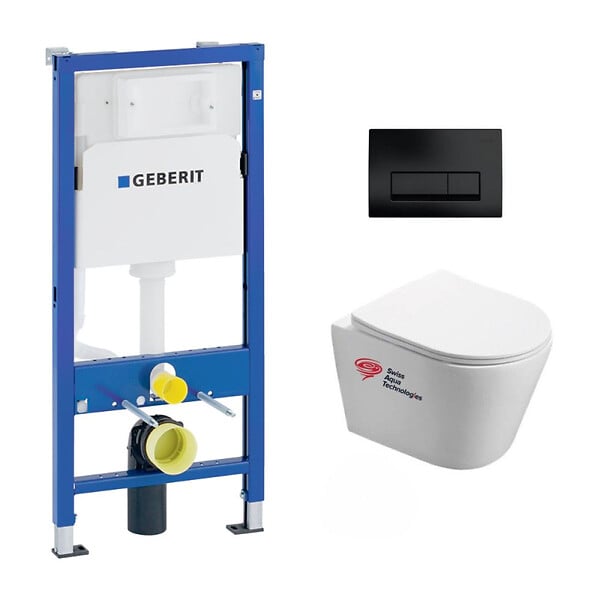 GEBERIT - Pack WC Bati-support Geberit + WC Swiss Aqua Technologies Infinitio sans bride + plaque Delta 50 noir mat - large