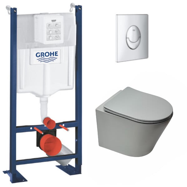 GROHE - Pack WC Bâti autoportant + WC suspendu Swiss Aqua Technologies GreyInfinitio sans bride + Abattant softclose + Plaque Chrome - large