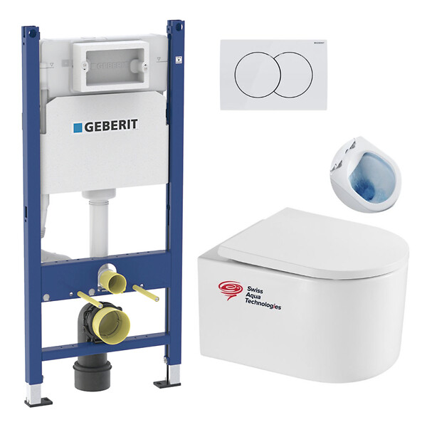 GEBERIT - Pack WC Bâti-support Geberit + WC sans bride Swiss Aqua Technologies + abattant SoftClose + plaque - large