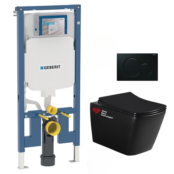 GEBERIT - Pack WC Bati-support Geberit + WC sans bride Swiss Aqua Technologies + abattant SoftClose + plaque noire (SLIMSBLINFIA) - large