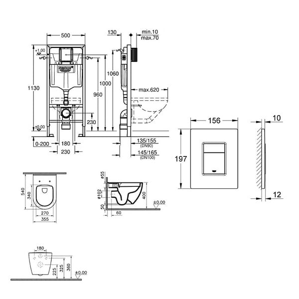 GROHE - Rapid SL Pack WC bâti-support + WC sans bride Vitra S60 + Abattant SoftClose + Plaque noir mat (RapidSL-S60-KF0) - large