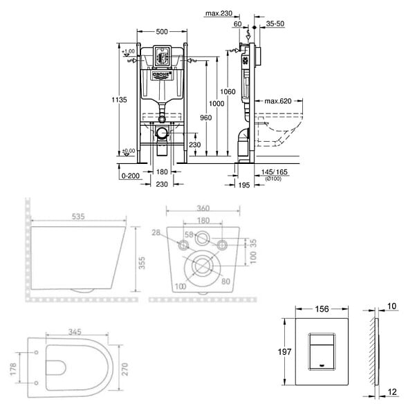 GROHE - Pack WC bâti-support autoportant Rapid SL 113 cm + WC sans bride + abattant SoftClose + plaque chrome (PROCETOR1SP) - large