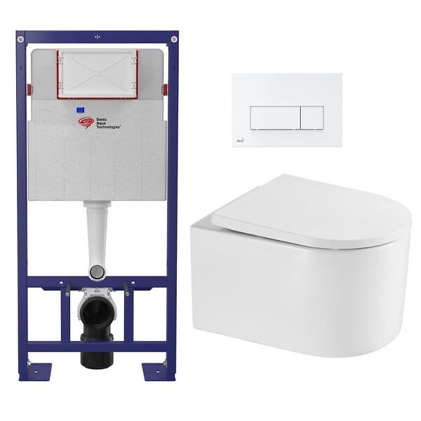 SWISS AQUA TECHNOLOGIES - Pack WC Bâti-support Autoportant + WC sans bride SAT Delano + Abattant SoftClose + Plaque Blanche (SMART-Delano-4) - large