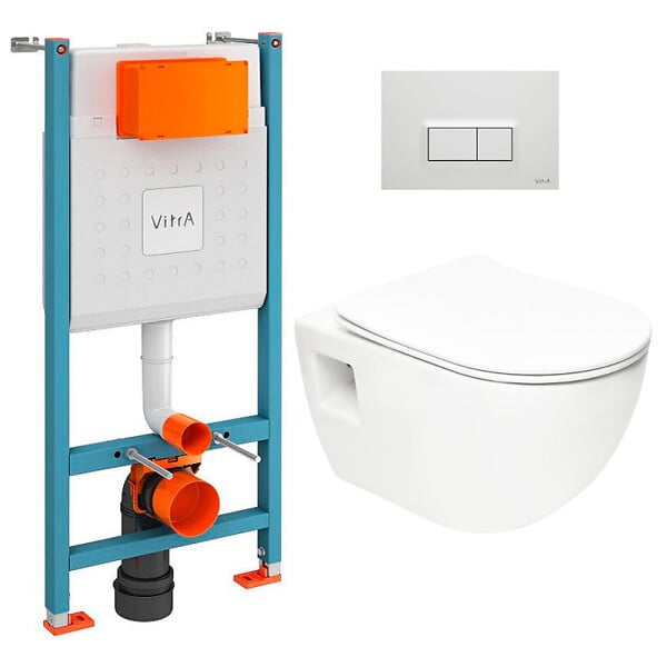 VITRA - Vitra  Pack WC Bâti-support V-Fix Core + WC sans bride SAT + Abattant SoftClose + Plaque, Blanc brillant (V-FixProject-1) - large