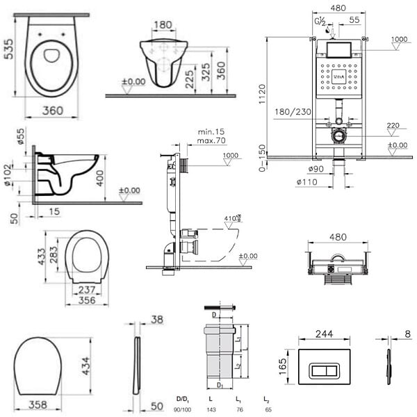 VITRA - Pack WC Bâti-support V-Fix + WC sans bride Vitra Normus + Abattant SoftClose + Plaque, Blanc Brillant (V-FixNormusRimless-1) - large