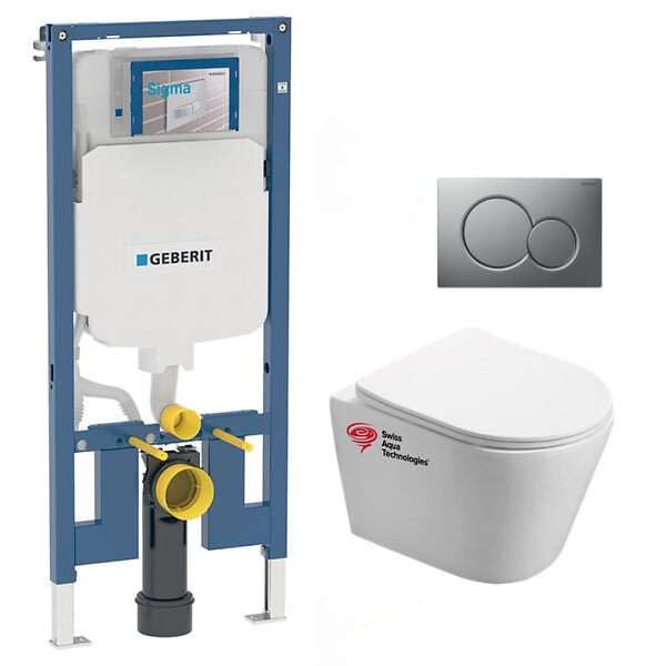 GEBERIT - Pack WC Bati-support Geberit extra-plat + Cuvette Swiss Aqua Technologies sans bride fixations invisibles + Plaque - large